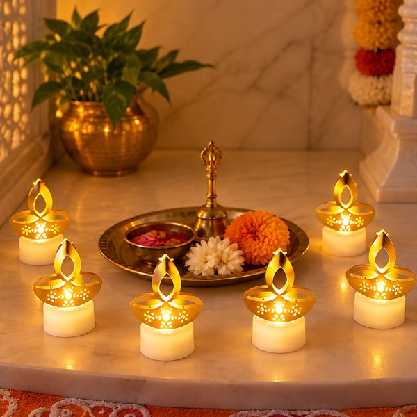 Golden Diya Shaped LED Tealight Candles – Flameless Diwali Décor | 6 Pc