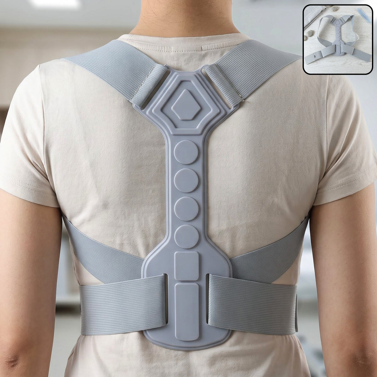 Back view of a person wearing a light gray posture corrector with a rigid central support and elastic straps