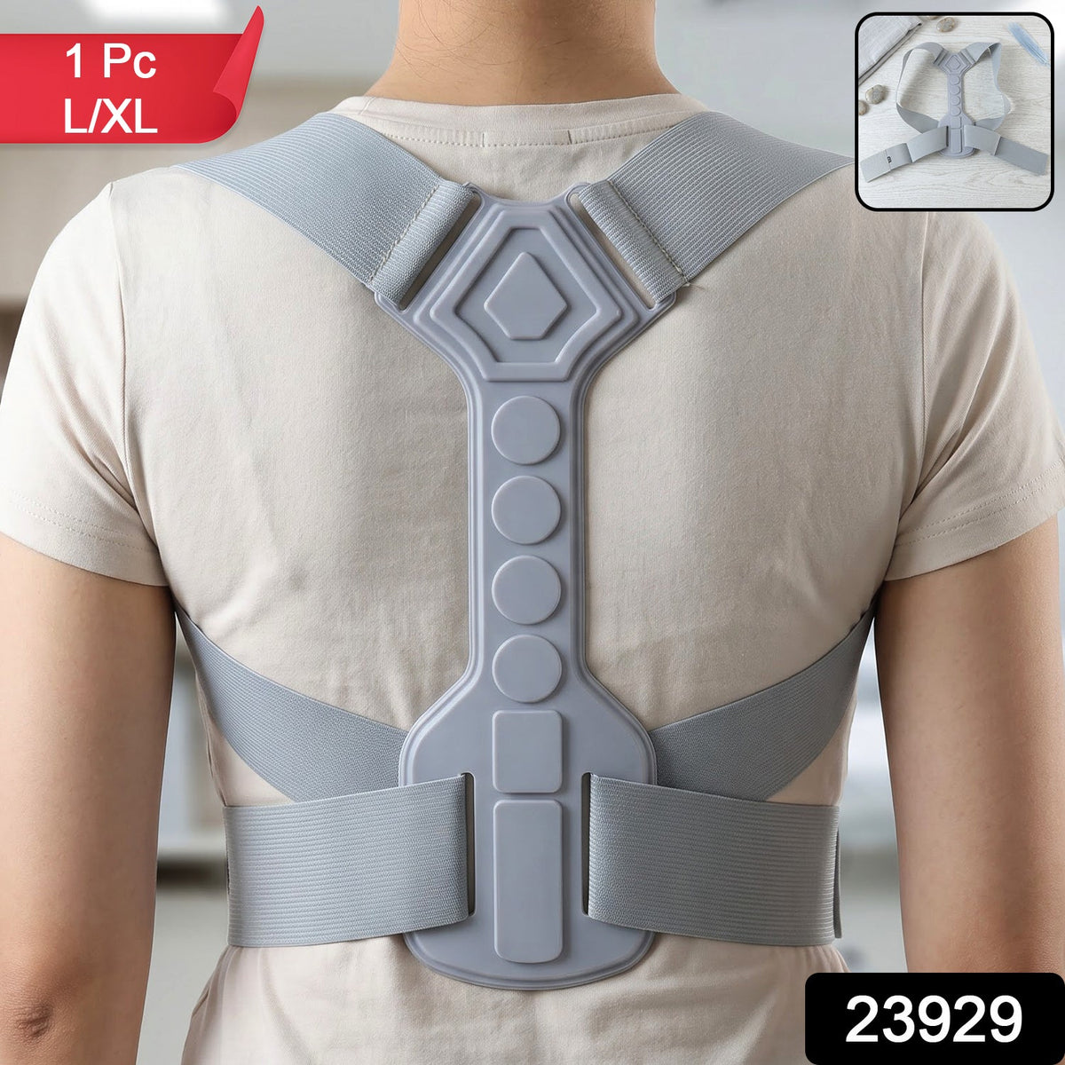 Back view of a person wearing a light gray posture corrector, L/XL size