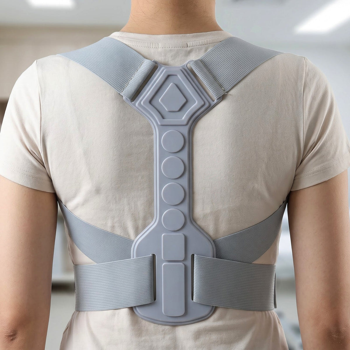 Gray posture corrector worn on the back, alternate view