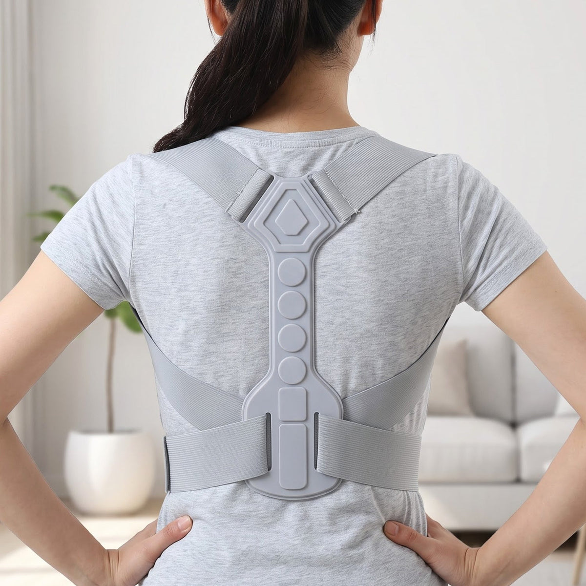 Person standing upright wearing the gray posture corrector