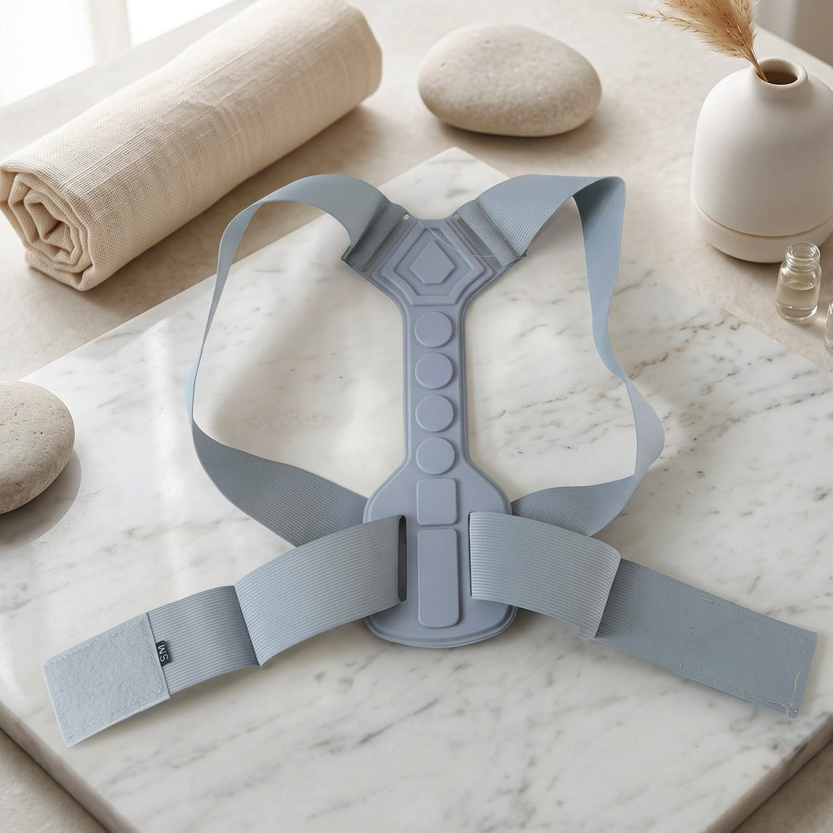 Gray posture corrector on a white marble surface