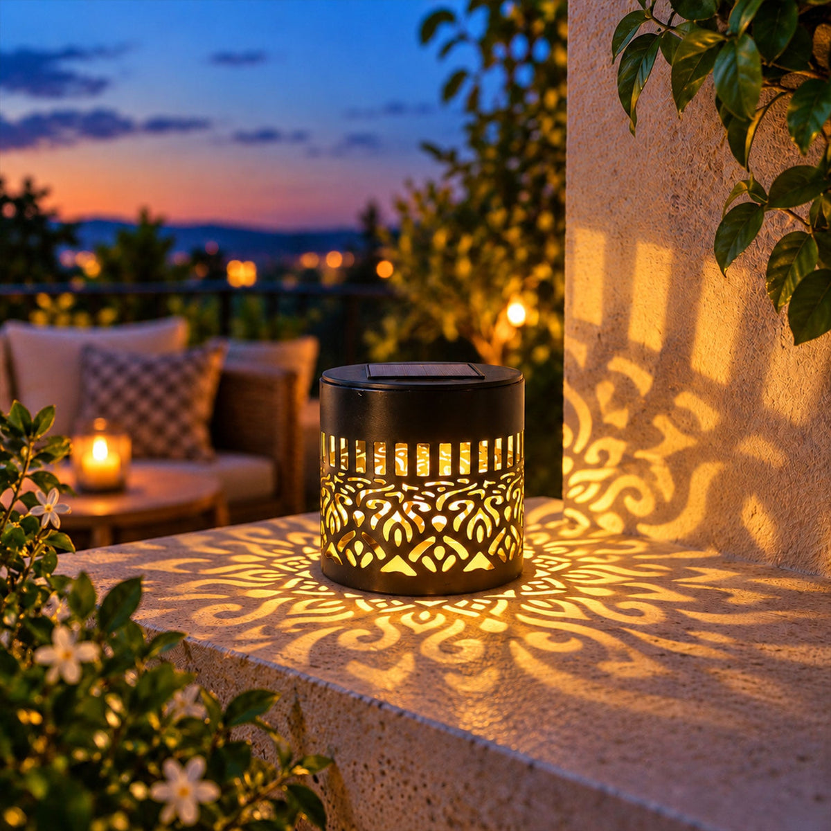 Decorative solar LED lamp with mandala pattern