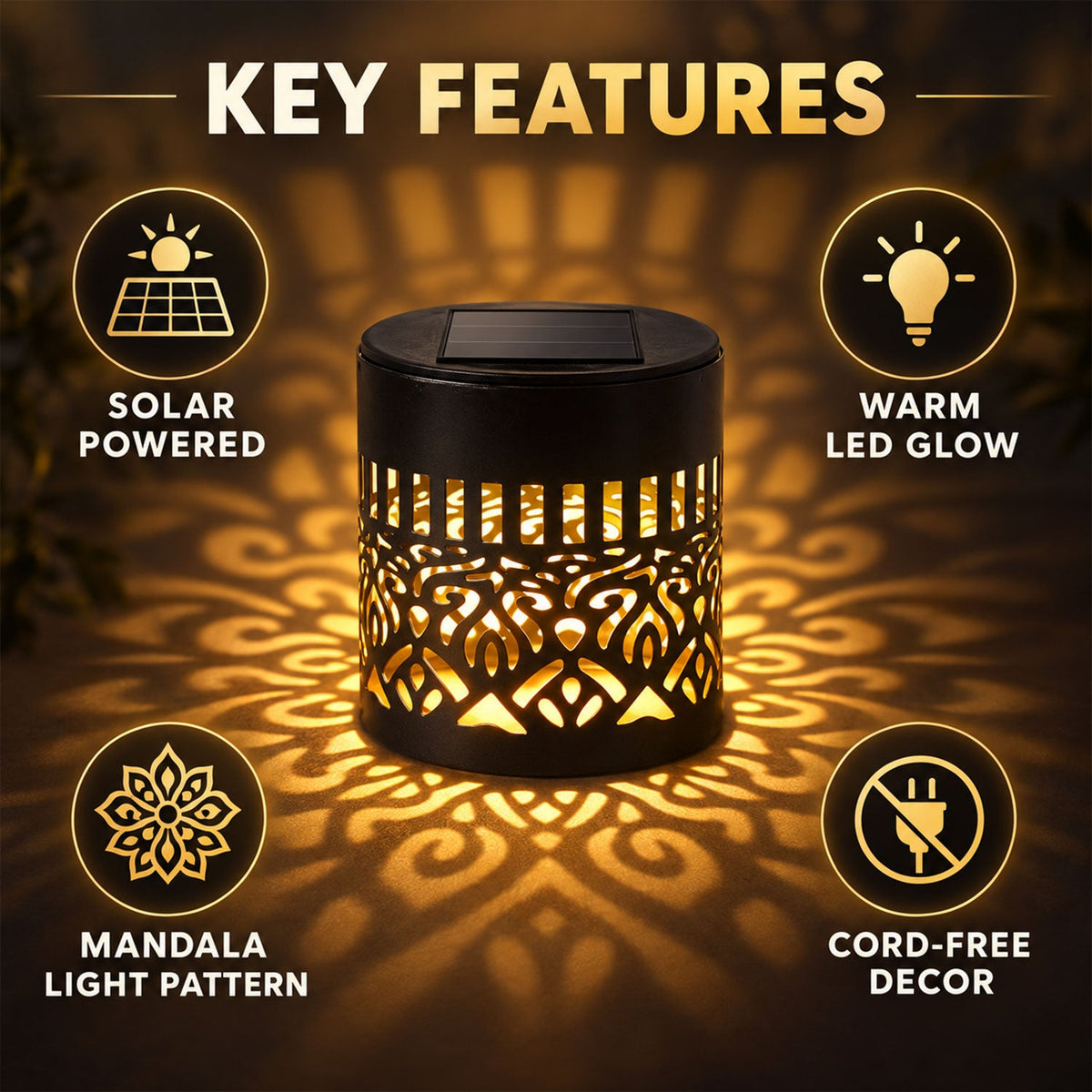 Solar LED mandala lamp, side view