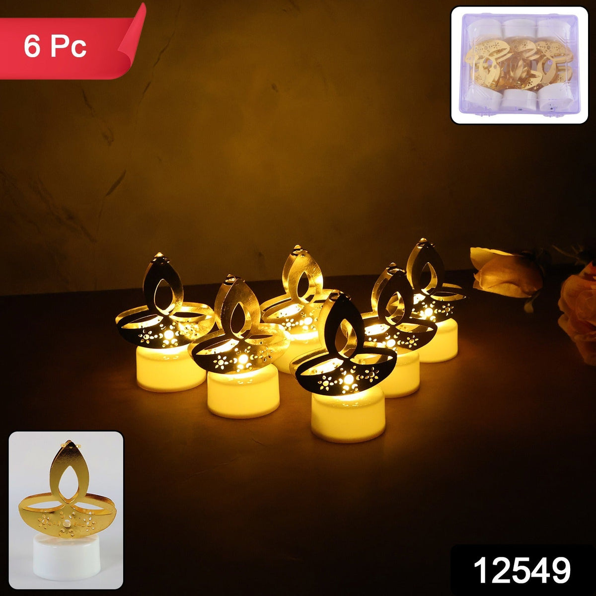 Golden Diya Shaped LED Tealight Candles – Flameless Diwali Décor | 6 Pc