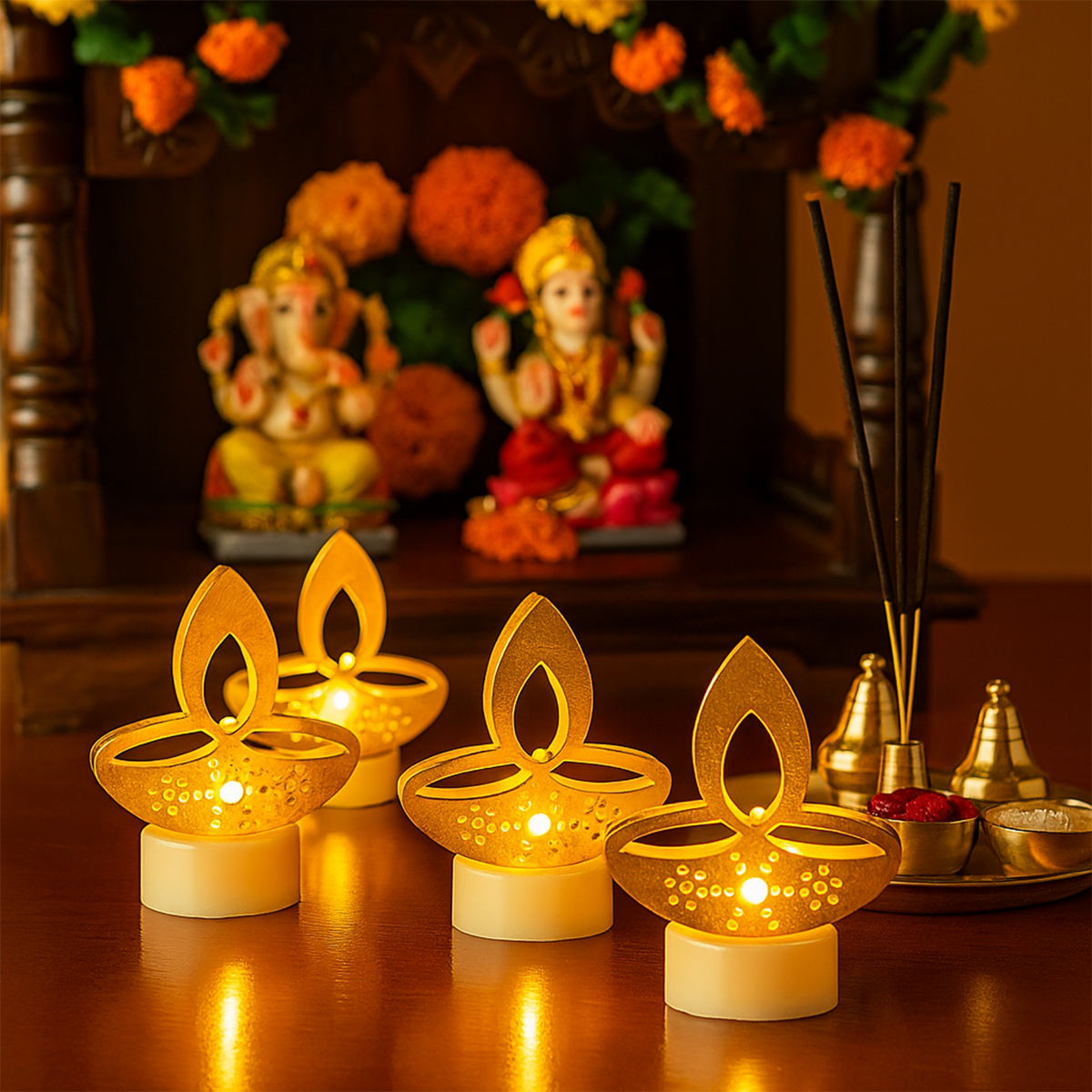 Golden Diya Shaped LED Tealight Candles – Flameless Diwali Décor | 6 Pc
