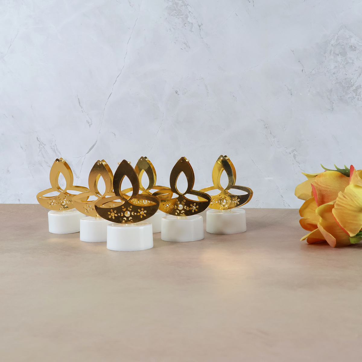 Golden Diya Shaped LED Tealight Candles – Flameless Diwali Décor | 6 Pc