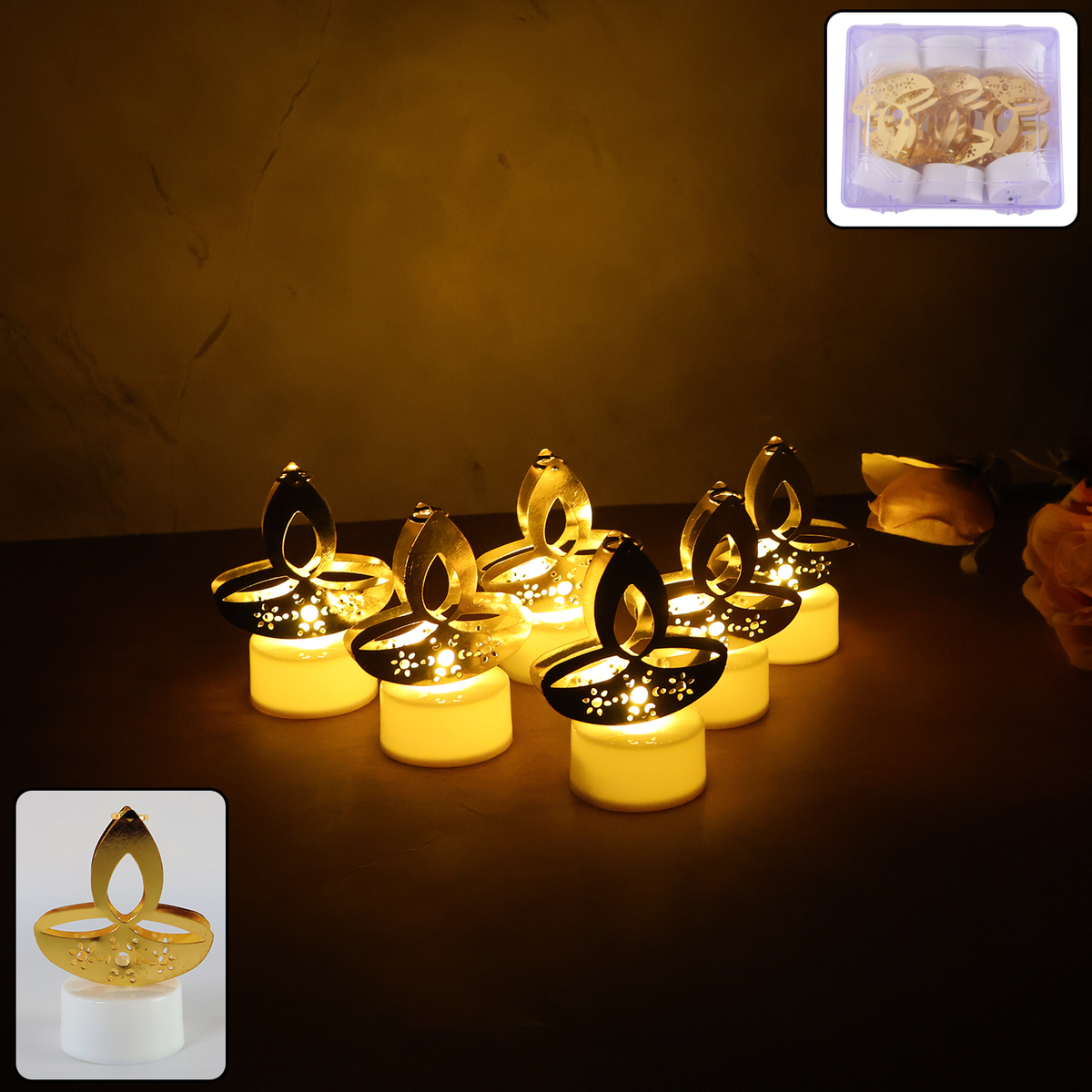 Golden Diya Shaped LED Tealight Candles – Flameless Diwali Décor | 6 Pc
