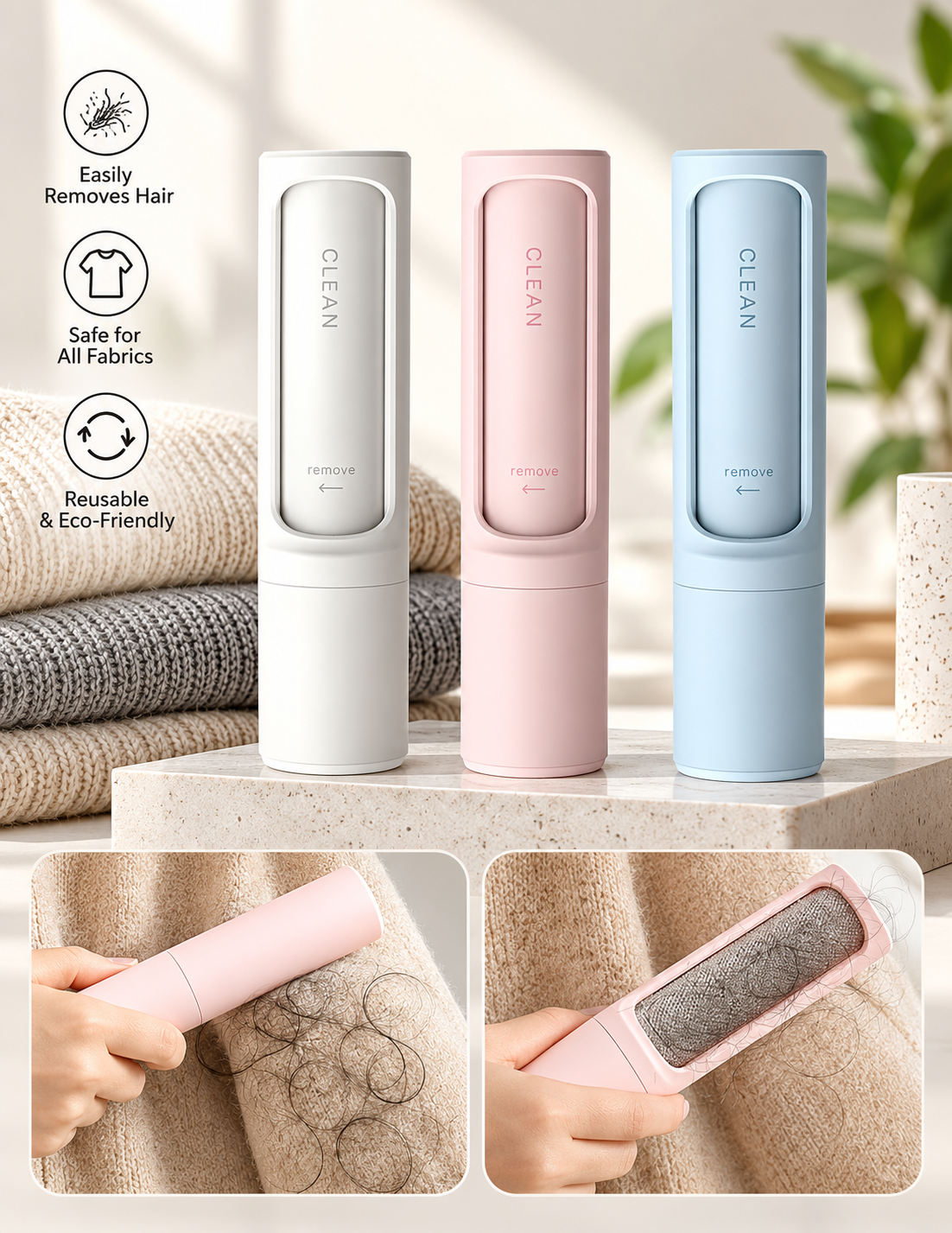 2-in-1 Reusable Pet Hair Remover Brush & Lint Roller - Portable Self-Cleaning Tool for Cat & Dog Fur