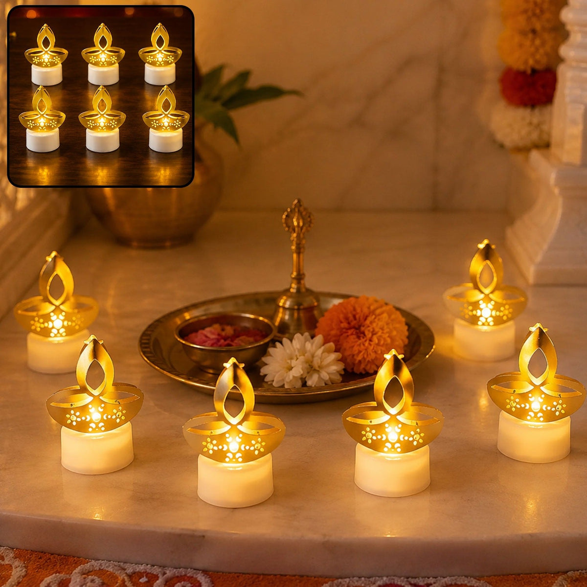 Golden Diya Shaped LED Tealight Candles – Flameless Diwali Décor | 6 Pc